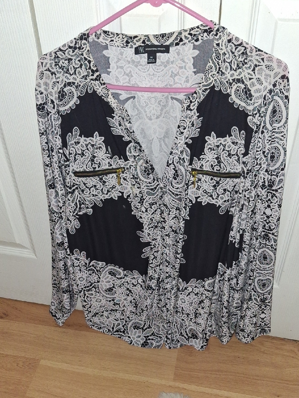 INC International Concepts Black and White Lace-Print Button-Down Top
